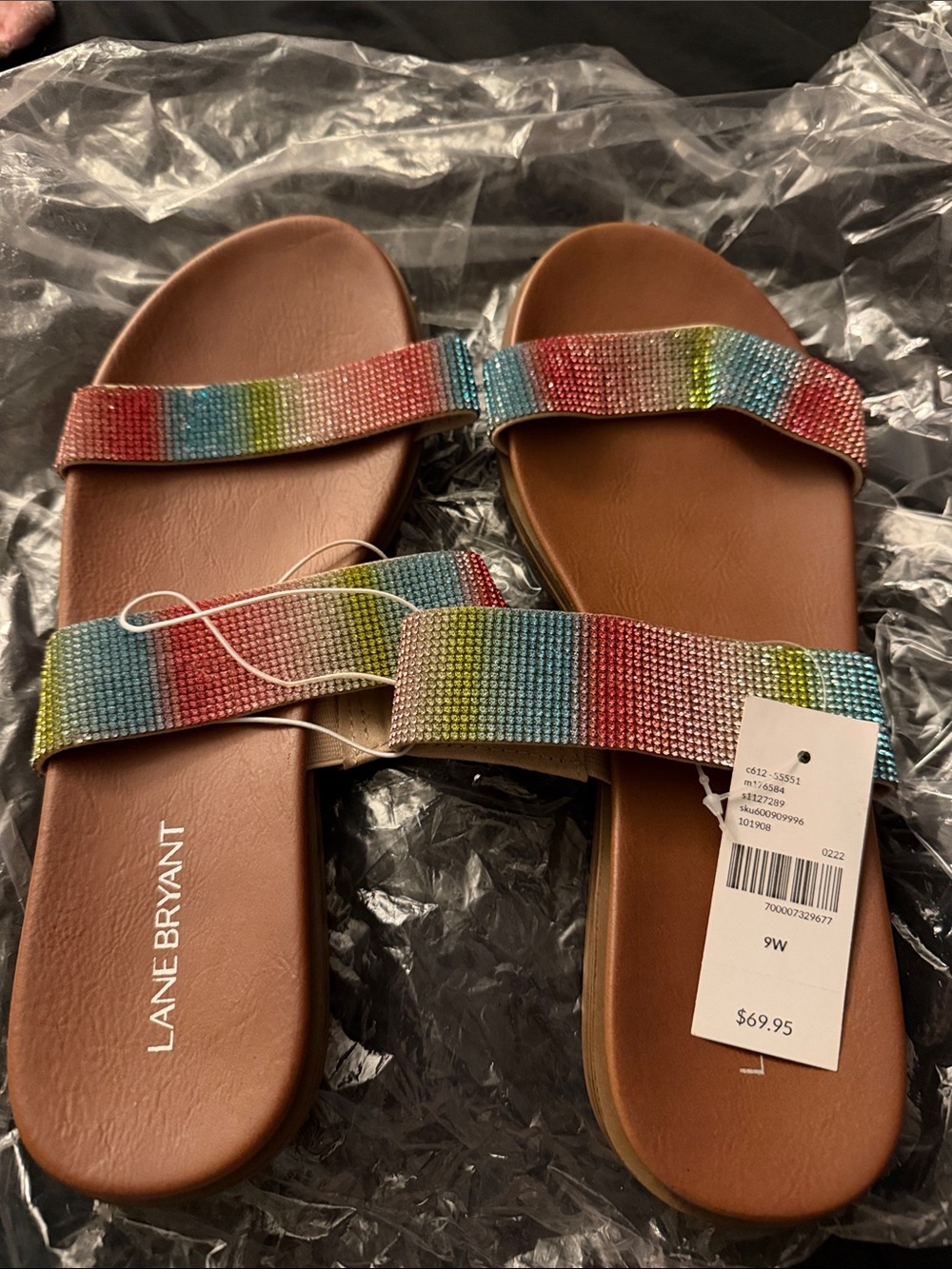 Lane Bryant Multicolor Crystal Two-Strap Slide Sandals - Brown Footbed